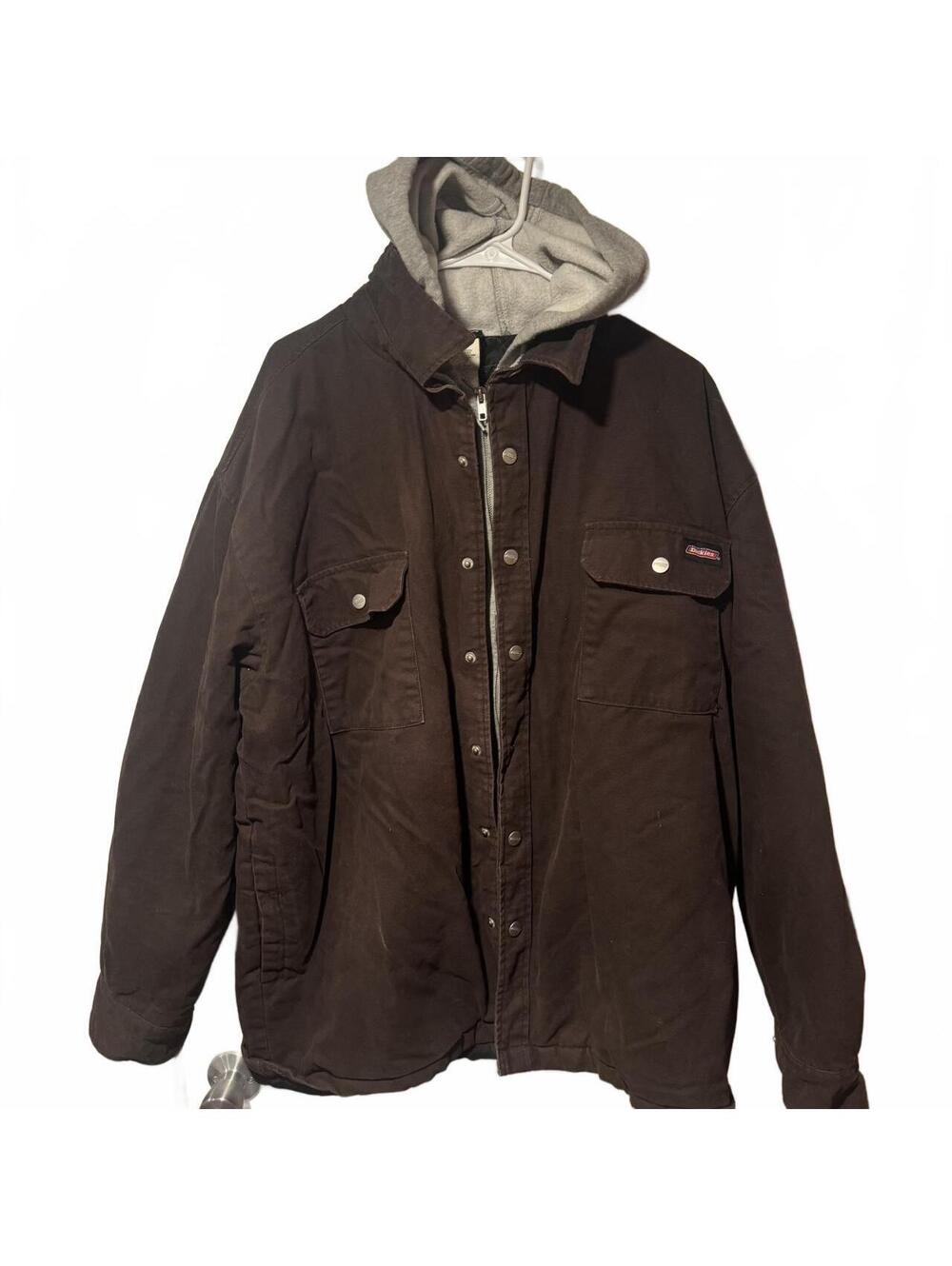 Vtg Dickies Jacket Mens Brown Gray Hooded Denim Quilted Lining.